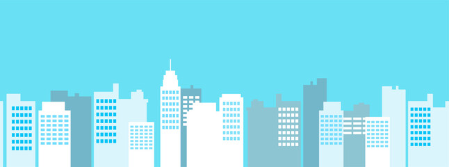 Seamless pattern vector of modern flat skyscrapers. Urban scene background, cityscape border.