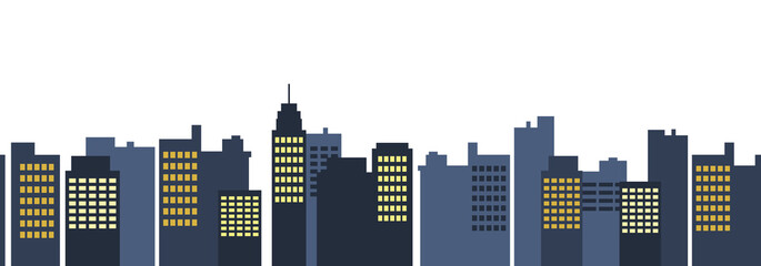 Seamless pattern vector of modern flat skyscrapers at night. Urban scene background, cityscape border.