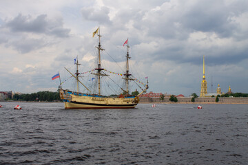 Replica of the 54-gun sailing ship of the line "Poltava" against the background of the Peter and Paul fortress, July 2020