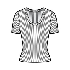 Ribbed scoop neck knit sweater technical fashion illustration with short rib sleeves, close-fitting shape. Flat outwear apparel template front, white color. Women, men, unisex shirt top CAD mockup