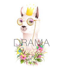 Drama Queen quote t shirt design with lama, hipster llama wearing golden sunglasses, crown and flowers. Cool apparel design with animal meme, cute vector alpaca. Artistic realistic animal design. © Popmarleo