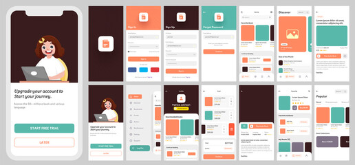 E-Learning App UI Kit For Responsive Mobile App OR Website With Different Layout Including Sign In, Sign Up, Books And Notification Screens. - obrazy, fototapety, plakaty