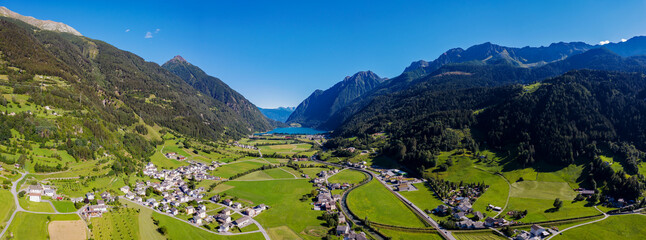 Switzerland, Poschiavo Valley,aerial view towards the lake of Poschiavo