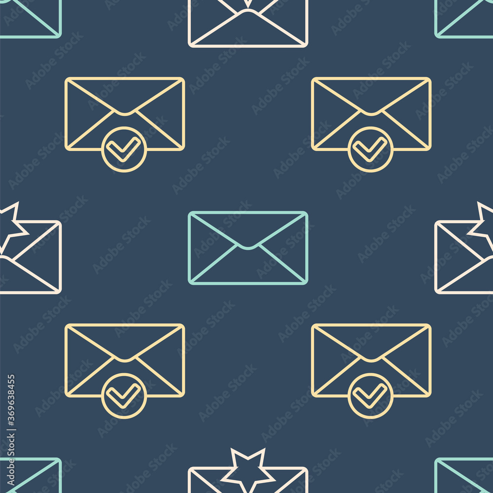 Poster set line envelope with star, envelope and check mark and envelope on seamless pattern. vector.