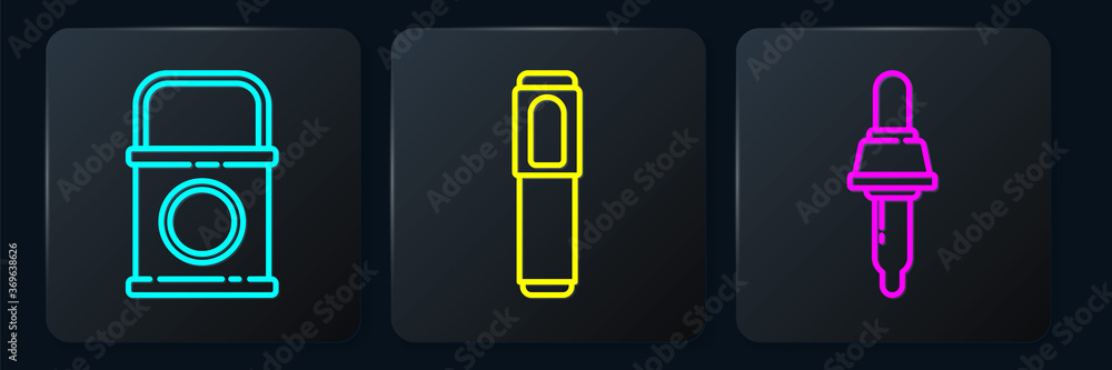 Poster set line paint bucket, pipette and marker pen. black square button. vector.