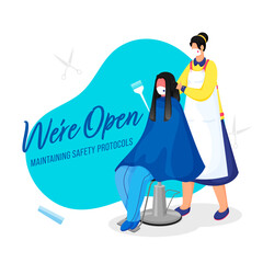 Female Hairdresser Cutting Hair Of A Client Sitting On Chair In Her Salon With Wear Protective Masks And Maintaining Safety Protocols.