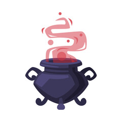 Witch Cauldron with Boiling Potion, Witchcraft Attribute, Happy Halloween Object Cartoon Style Vector Illustration on White Background