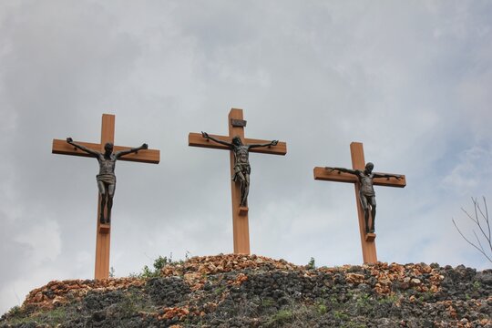 The replica of the crucifixion of Jesus in Golgota during the pilgrimage to the cave of Maria, Gunung Kidul, Yogyakarta