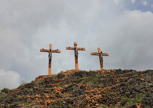 The replica of the crucifixion of Jesus in Golgota during the pilgrimage to the cave of Maria, Gunung Kidul, Yogyakarta