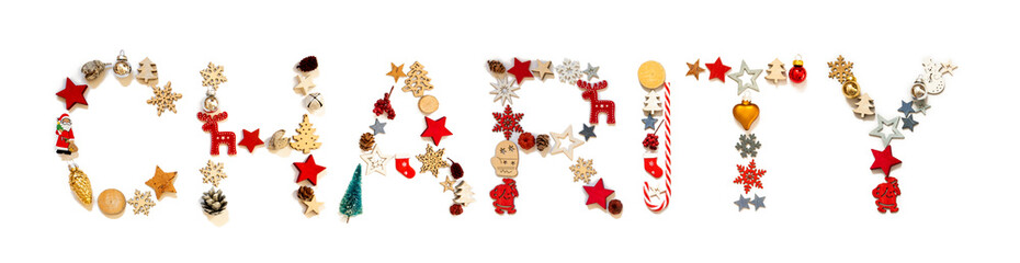 Colorful Christmas Decoration Letter Building English Word Charity. Festive Ornament Like Christmas Tree, Star And Ball. White Isolated Background