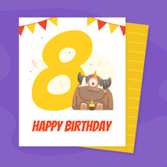 Happy Birthday Banner Template with Funny Monster, Invitation Card for Anniversary with Number Eight Cartoon Vector Illustration