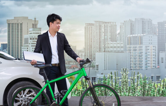 Businessman Go To Work With Bicycle On Car Free Day In The City