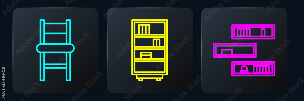 Poster set line chair, shelf with books and library bookshelf. black square button. vector.