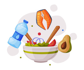 Healthy Diet, Useful Food, Proper Nutrition, Salad, Salmon Fish, Avocado and Bottle of Water Cartoon Style Vector Illustration