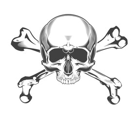Vintage monochrome skull with crossbones isolated vector illustration