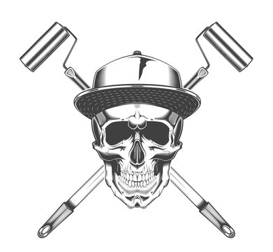 Vintage monochrome skull with baseball cap and crossed paint roller illustration. Isolated vector template