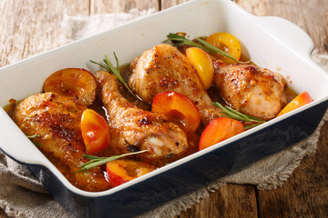Rustic style chicken legs baked in plum sauce and rosemary close-up in a baking dish on the table....