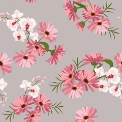 Seamless vector illustration with pink gerberas and orchids