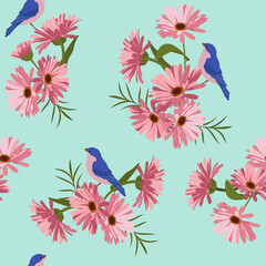 Seamless vector illustration with pink gerberas and birds.