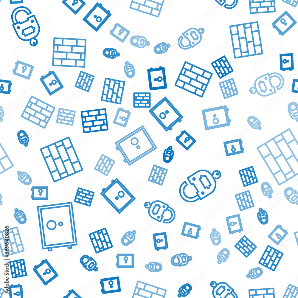 Poster set line safe, lock and key and bricks on seamless pattern. vector.