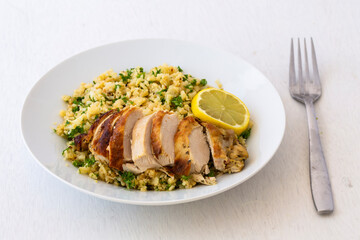 Greek Style Chicken with Cauliflower Rice, lemon and Parsley