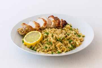 Greek Style Chicken with Cauliflower Rice, lemon and Parsley
