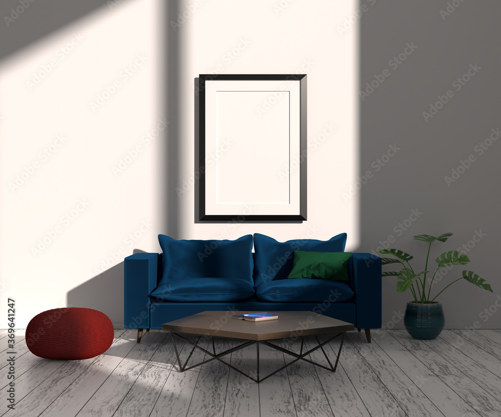 Aufkleber modern living room with sofa and blank poster mock up for your own design. 3d render/ rendering.