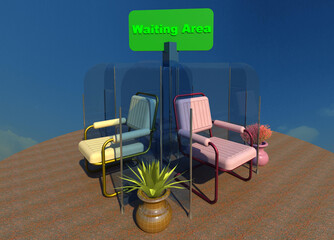 Waiting for heaven 3D illustration. Pandemic times social distance waiting area. Glassed barriers isolated seating places design, plant vases decoration. Collection.