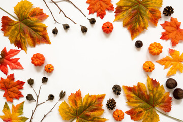 Frame Of Bright Colorful Autumn Leaf Decoration. Copy Space For Advertisement Or Your Text Here