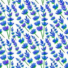 Seamless watercolor pattern of lavender flowers. JPG illustration.
