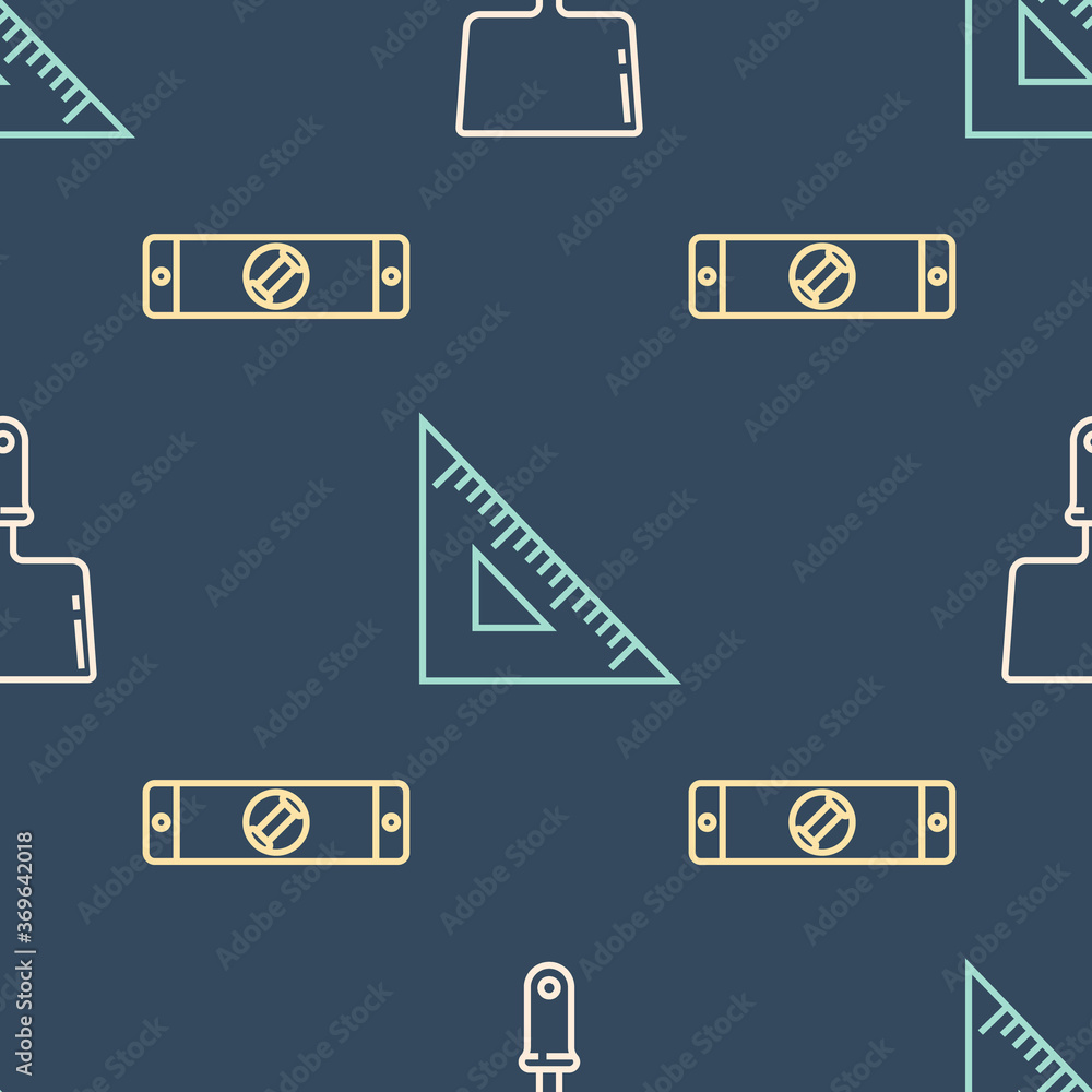 Poster set line putty knife, construction bubble level and triangular ruler on seamless pattern. vector.