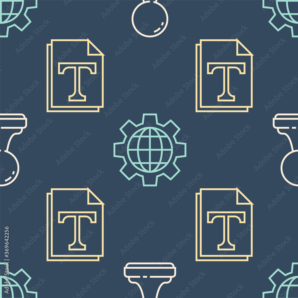 Aufkleber set line stamp, text file document and globe of the earth and gear on seamless pattern. vector.