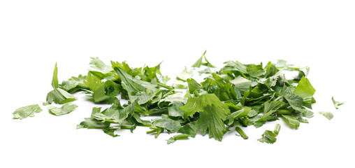 Fresh chopped up celery leaves pile isolated on white background
