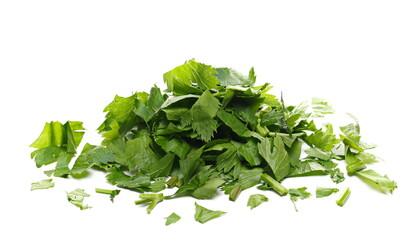 Fototapeta na wymiar Fresh chopped up celery leaves pile isolated on white background