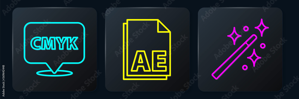 Poster set line speech bubble with text cmyk, magic wand and ae file document. black square button. vector.