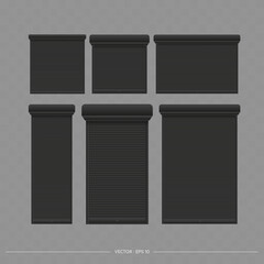 Vector realistic set of closed door or window rollers. Black metal blinds.