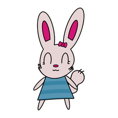 Funny hare in a green dress sticker. Rabbit with a pink bow. Suitable for postcards, stickers, T-shirts and children's books. Isolated, vector.