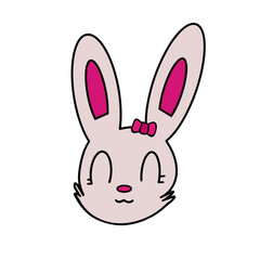 Funny hare sticker. Rabbit with a pink bow. Suitable for postcards, stickers, T-shirts and children's books. Isolated, vector.