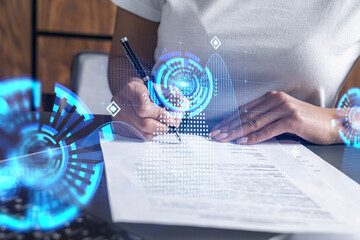 Multi exposure of woman signing a contract and high tech project background. Technology hologram. Concept of Research.