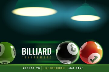 Billiards poster. Snooker tournament with 3d billiard balls and green table. Professional pool, sports competition, announcement template for team championship vector flyer
