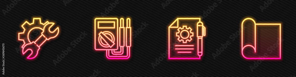 Poster set line document settings and pen, wrench spanner gear, multimeter and graphing paper for engineeri