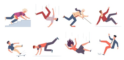 Falling down people. People of different ages stumbling and jumping down stairs, slipping wet floor, injured men, women, children vector set - obrazy, fototapety, plakaty