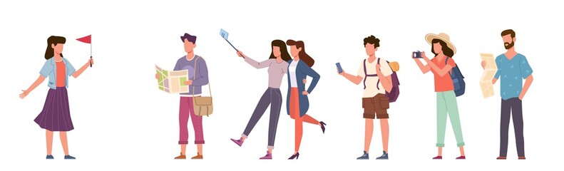 Tourists and tour guide. Travelling people group with camera, excursion with tour cicerone, seasonal vacation family and couples with smartphones vector cartoon flat concept - obrazy, fototapety, plakaty