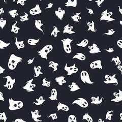 Ghosts seamless pattern. Halloween abstract spooky spirits with faces on dark background, creative design textile, wrapping, wallpaper vector texture for holidays