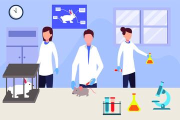 Animal testing vector concept: portrait of scientist group doing experiment on rabbit and rat