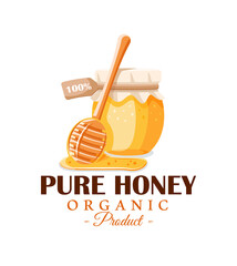 Glass pot with honey, spoon with drips honey