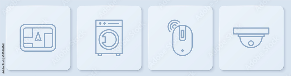 Poster set line gps device with map, wireless computer mouse, washer and motion sensor. white square button