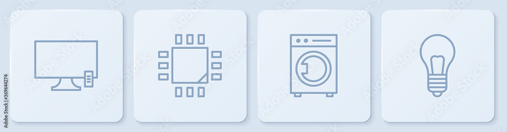 Poster set line smart tv, washer, processor with microcircuits cpu and light bulb concept of idea. white sq