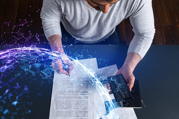 Handsome man sign contract. Multiexposure. Abstract technology hologram.