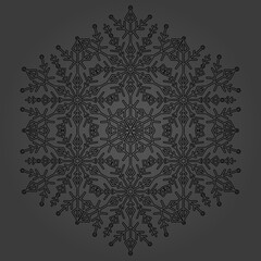 Round vector black snowflake. Abstract winter ornament. Black snowflake